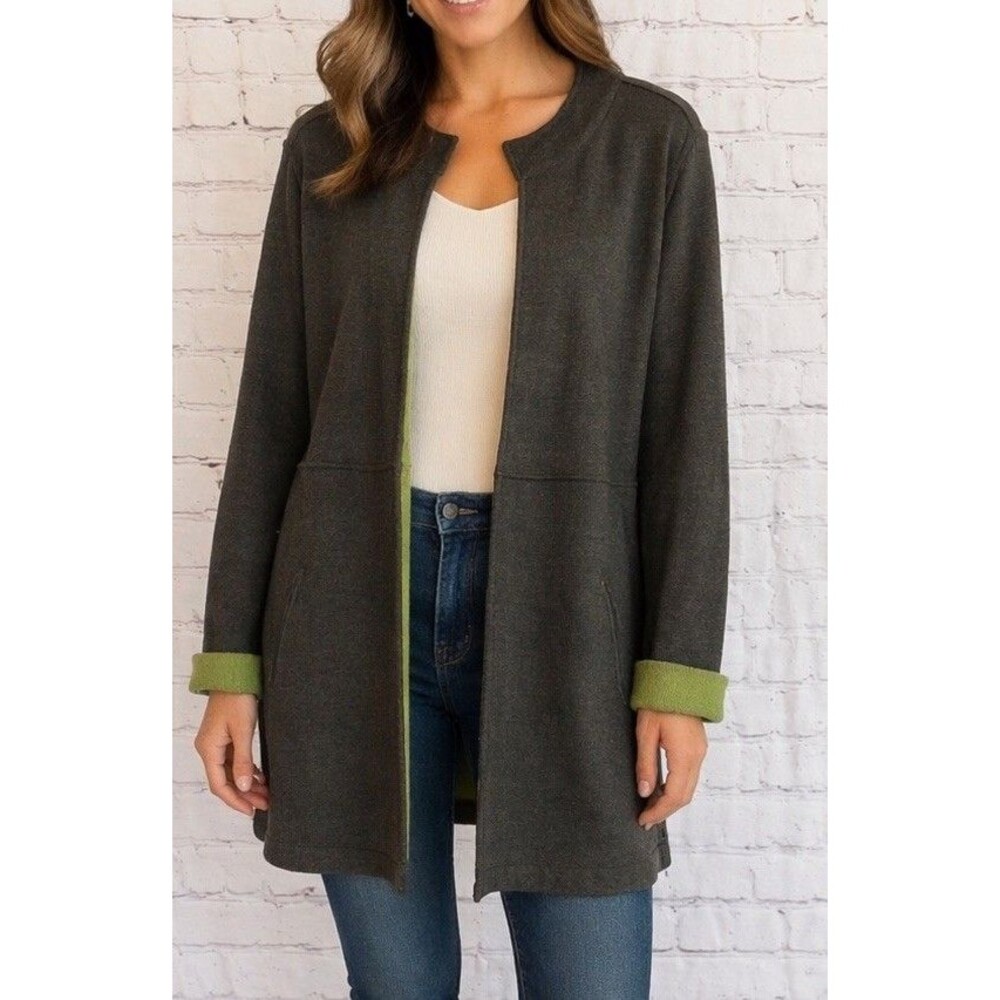 Susan Bristol Women’s XL Wool Blend Open Front Cardigan Sweater Coat Brown Green